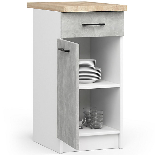 Meuble de cuisine sur pied : 1 tiroir, 1 porte, 2 étagères, blanc / béton, 40 x 85 x 46 cm