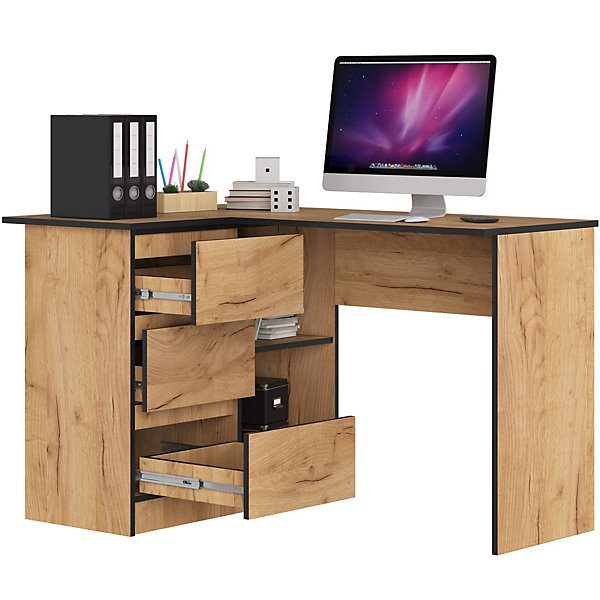 Bureau AKORD d'angle gauche B16 Chêne Craft 124 cm 3 tiroirs façade Chêne Craft 2 étagères 124x85x77 cm