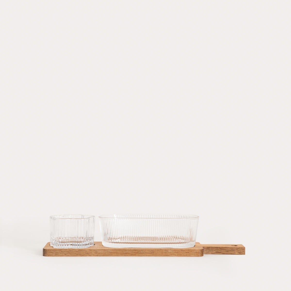 Zestaw do serwowania GIBARA na akacjowej podstawce ze szklanymi miseczkami, 33x8,5x6,5cm 3 el.