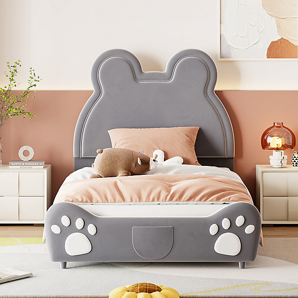Lit 90x200 cm tapissé velours gris en forme d'ours, design ludique et confortable pour chambre d'enfant