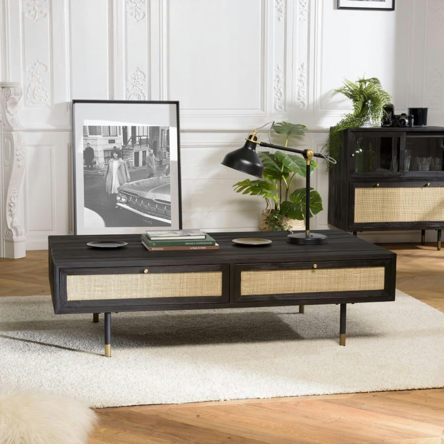 YANIS - Table basse en pin noire 4 tiroirs cannage L140