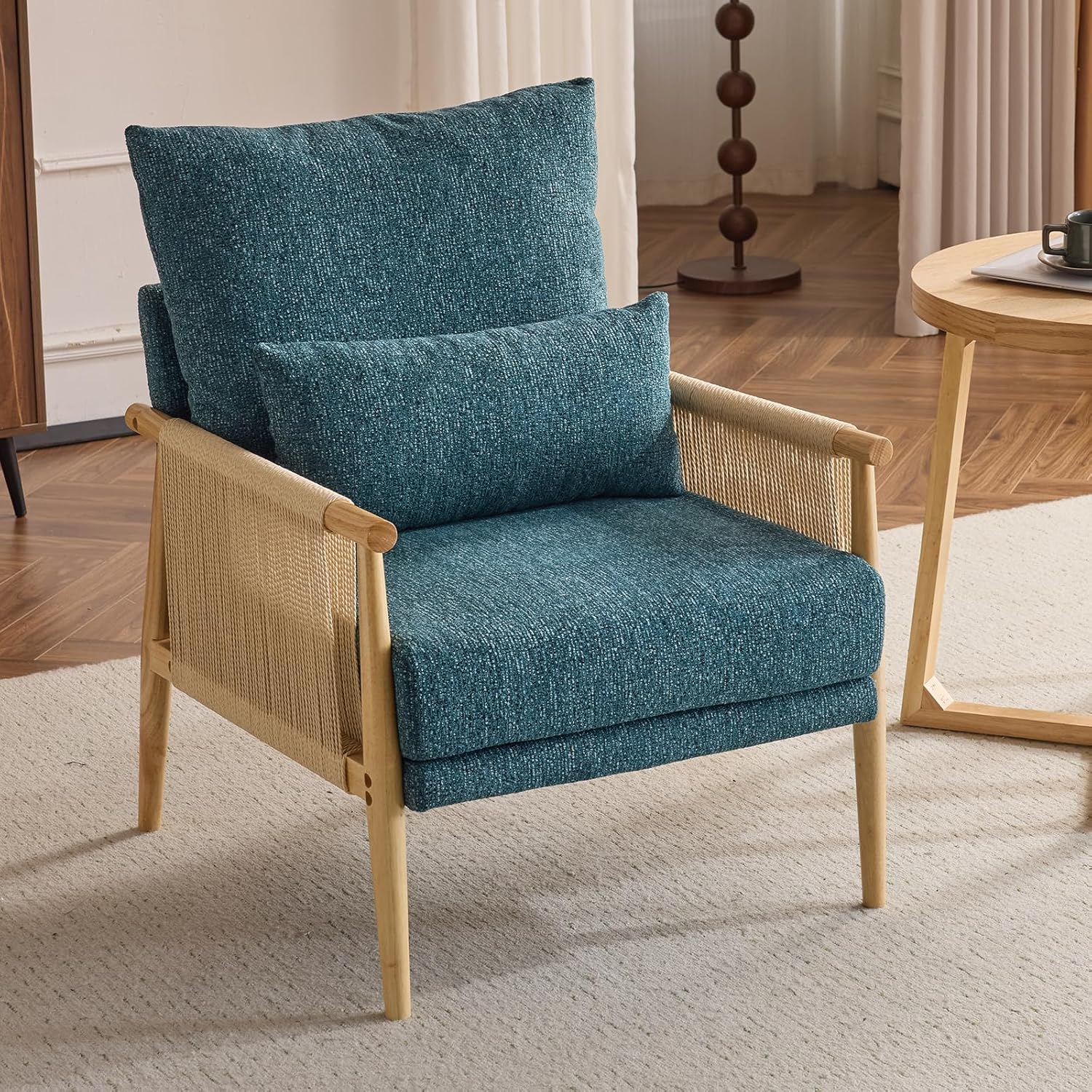 Karl home Cozy Chenille Accent Chair with Lumbar Pillow & Rattan Arms Modern Lounge Chair for Living Room, Bedroom, Reading Nook, Blue & Green