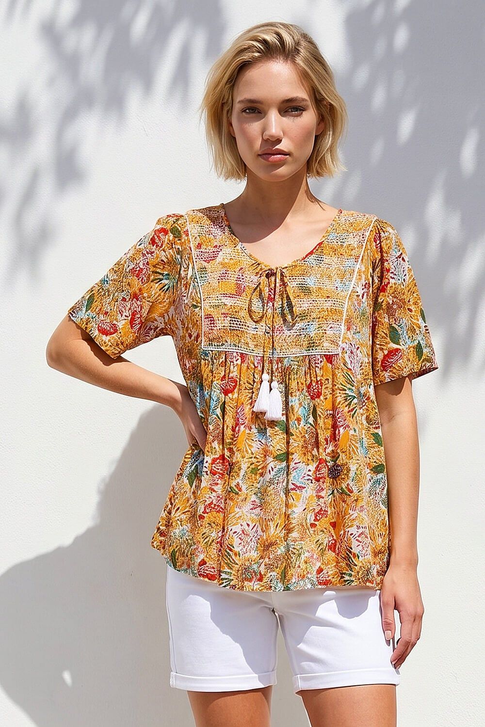 Roman Floral Textured Stitch Tunic Top