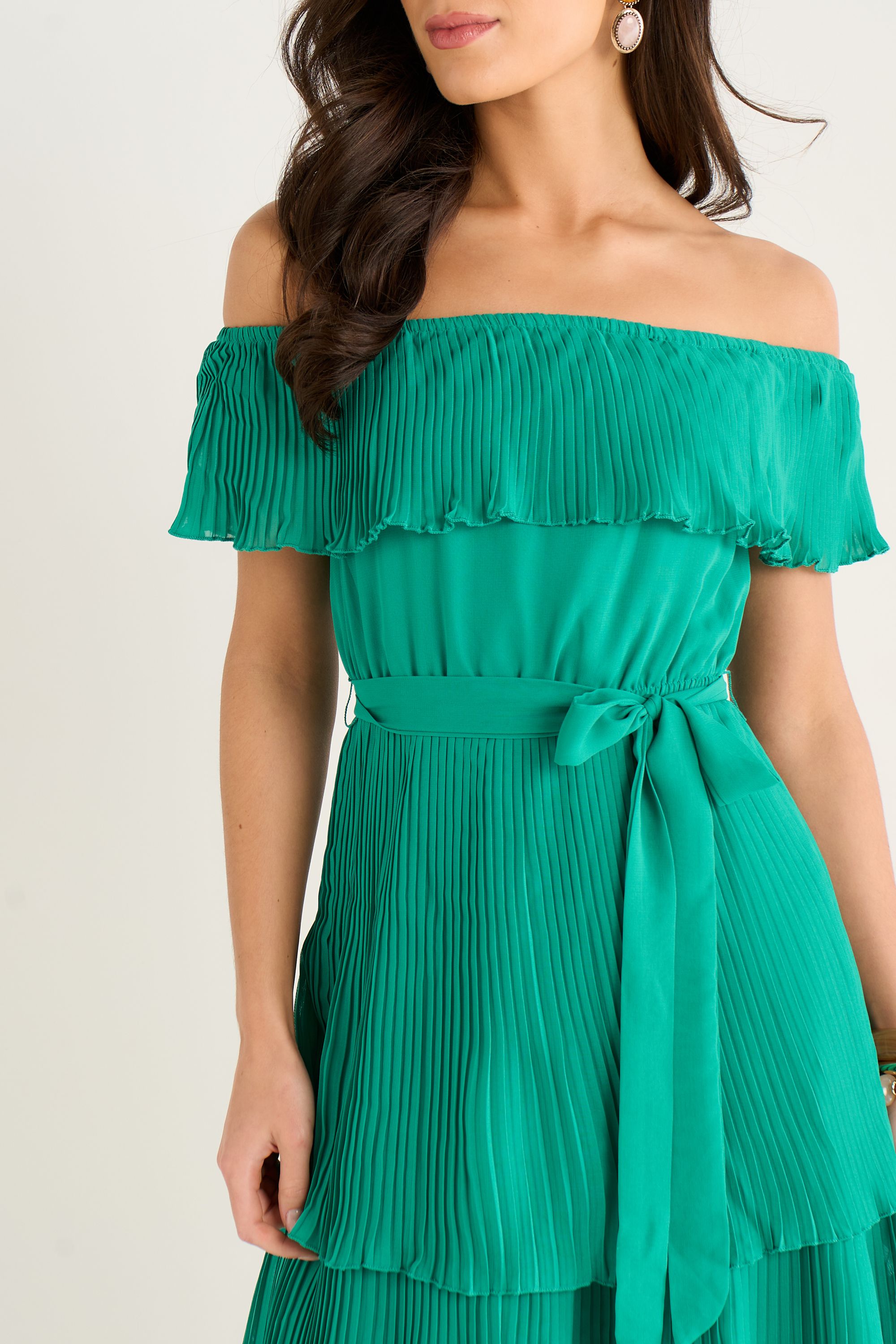 Gini London Green Pleated Tiered Bardot Midaxi Dress