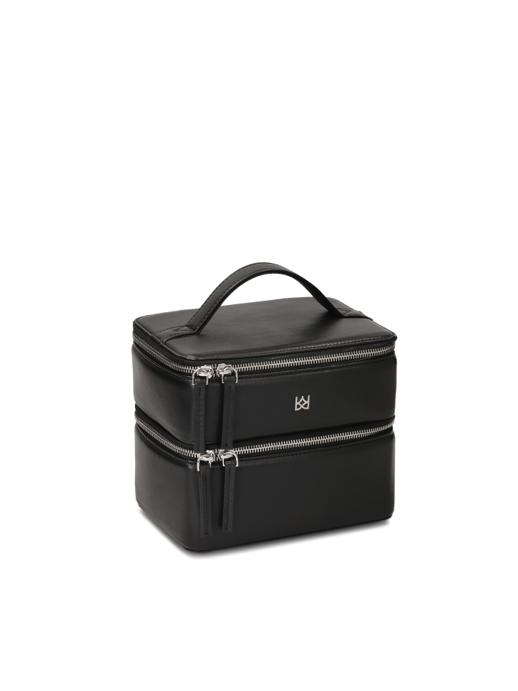 Two-tier rigid leather cosmetic bag