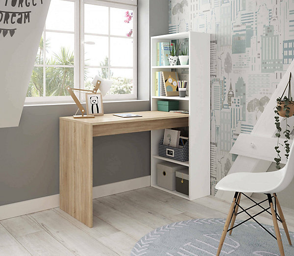 Bureau Dacarte, Bureau multifonction réversible avec bibliothèque 5 étagères, Table d'étude, 120x53h144 cm, Blanc et Chêne
