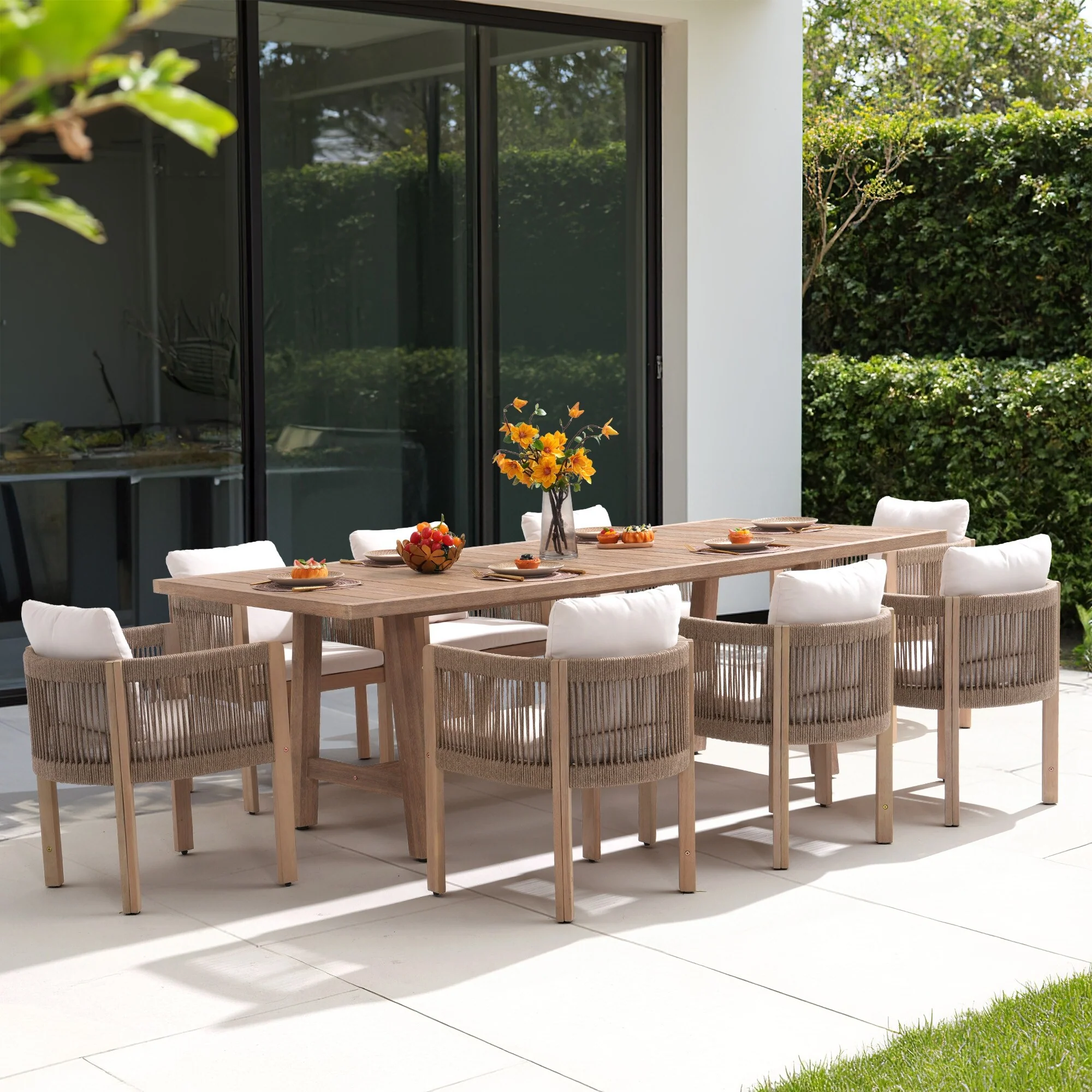 9 - Piece Wooden Outdoor Dining Set with Cushions