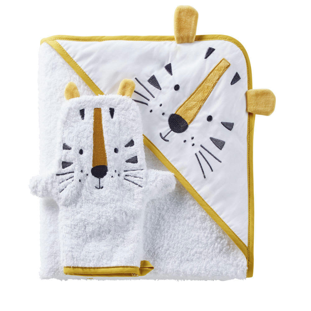 SAMBA - Sortie de bain bébé en coton blanc avec tête de tigre jaune moutarde et noire