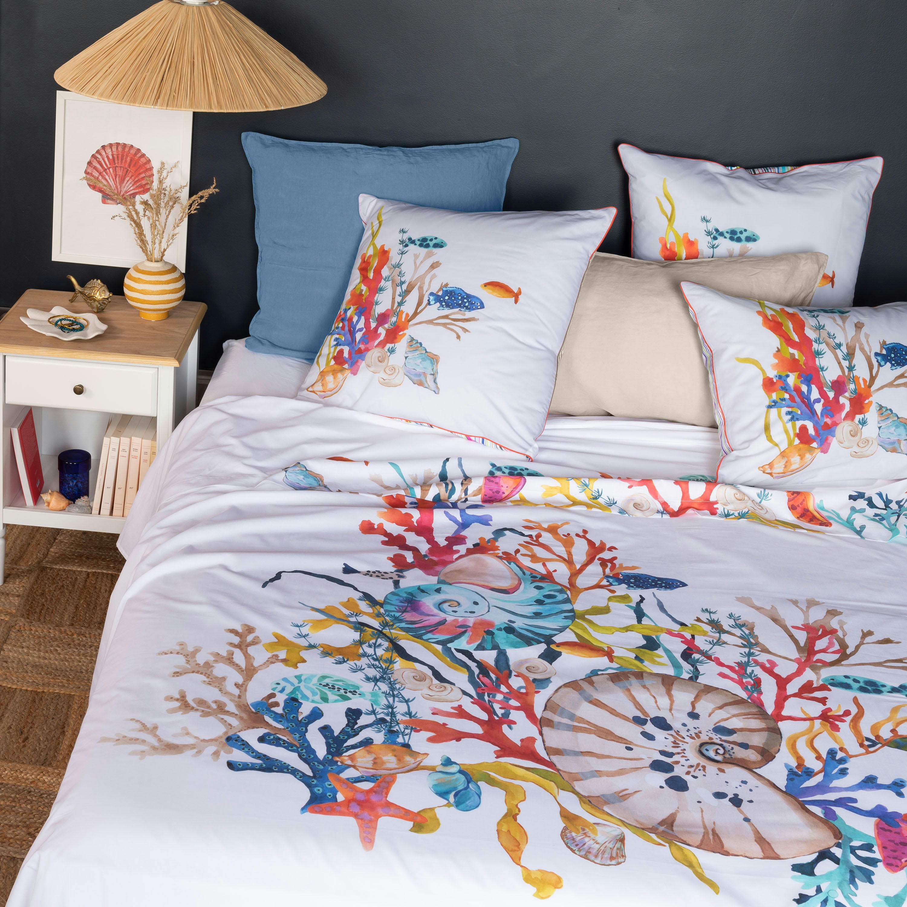 RECIF - Drap de lit percale de coton imprimé blanc 180 x 290 cm