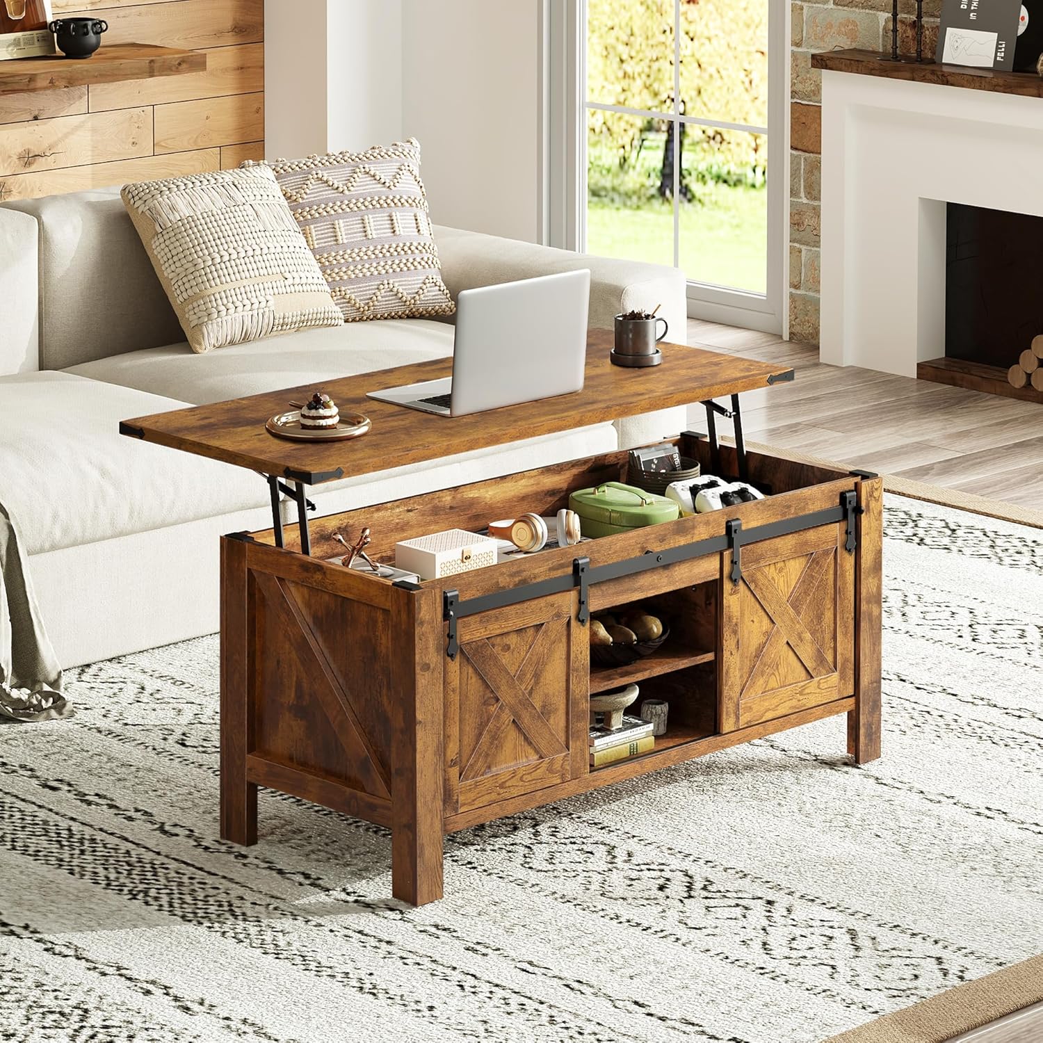WLIVE 47.3 Farmhouse Lift Top Coffee Table with Sliding Barn Doors, Large Hidden Storage Compartment and Adjustable Shelf for Living Room,Office, Rustic Brown
