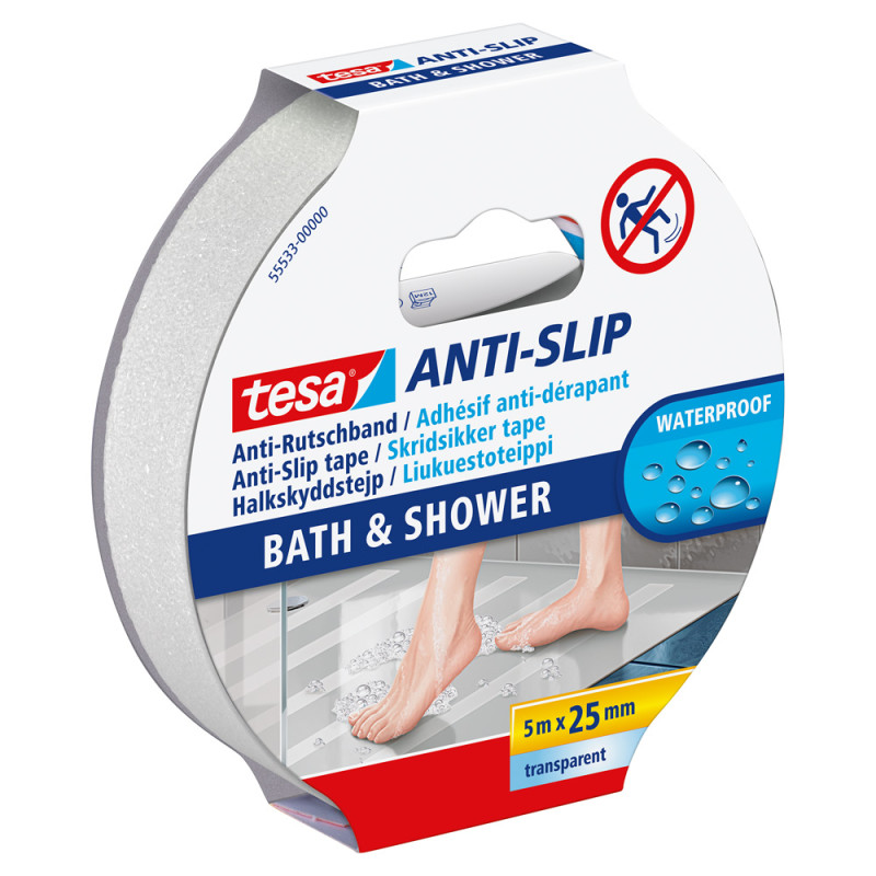 Ruban adhésif antidérapant pour douche et baignoire transparent 5 m x 25 mm TESA