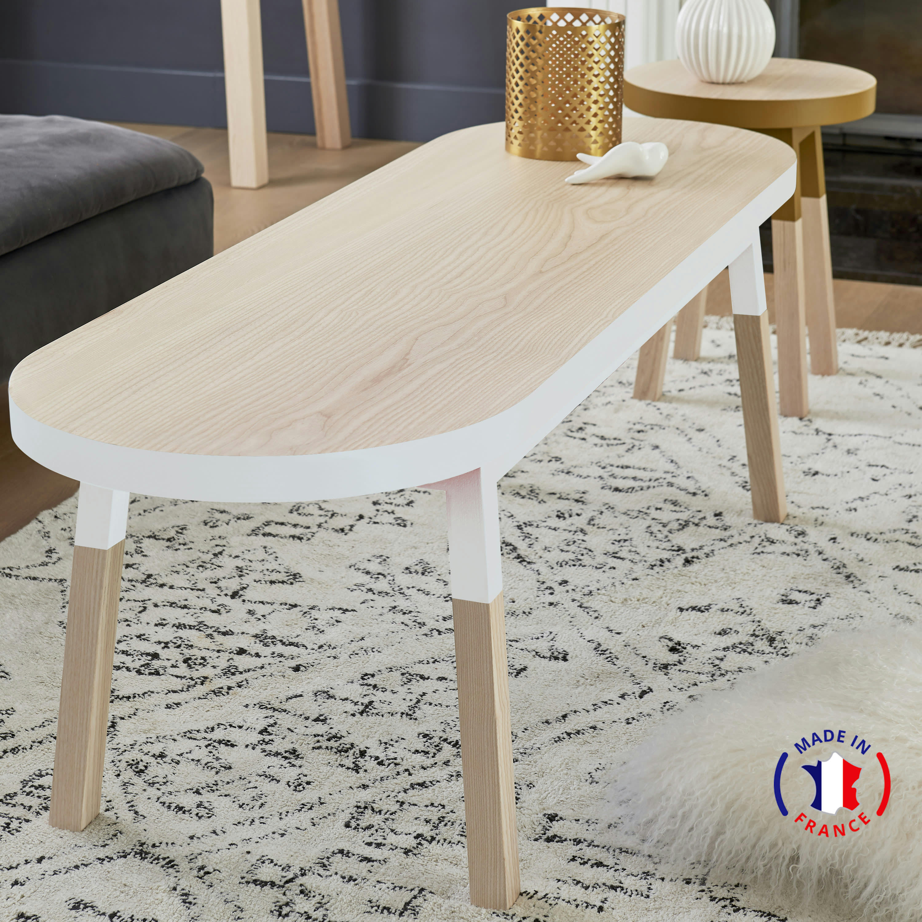 EGEE - Table basse banc 140 cm, 100% frêne massif blanc balisson