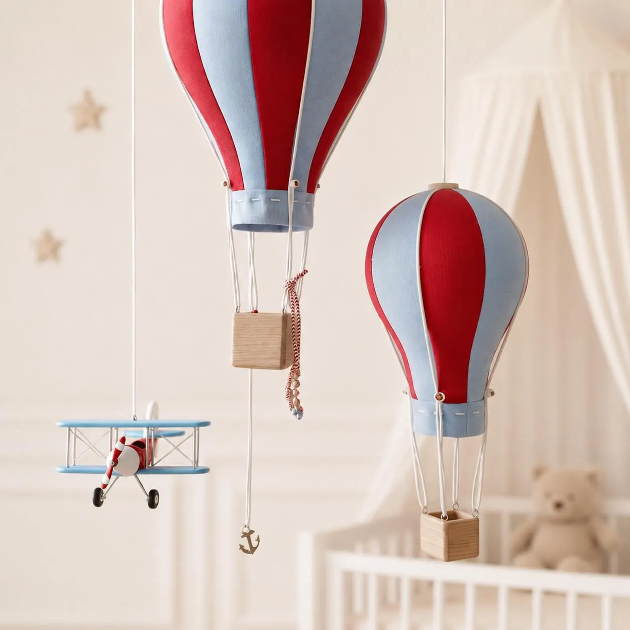 Vintage Hot Air Balloons & Retro Airplane Hanging Decor Set, Aviation Circus Theme, Nursery Accent