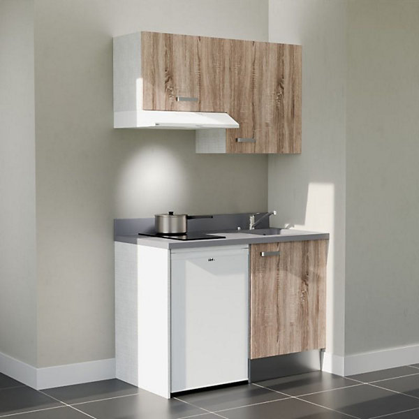 Kitchenette K01 - 120 cm - façades Bois - Plan monobloc en quartz coloris Cromo évier à droite - Electroménager Blanc