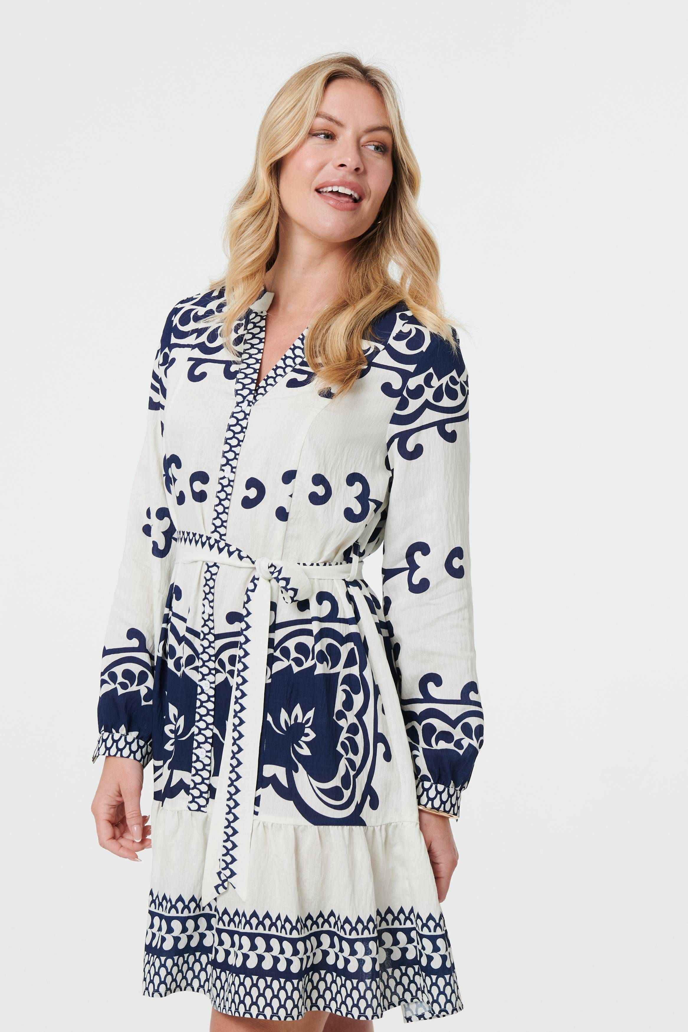 Izabel London Border Print Tie Waist Short Shirt Dress