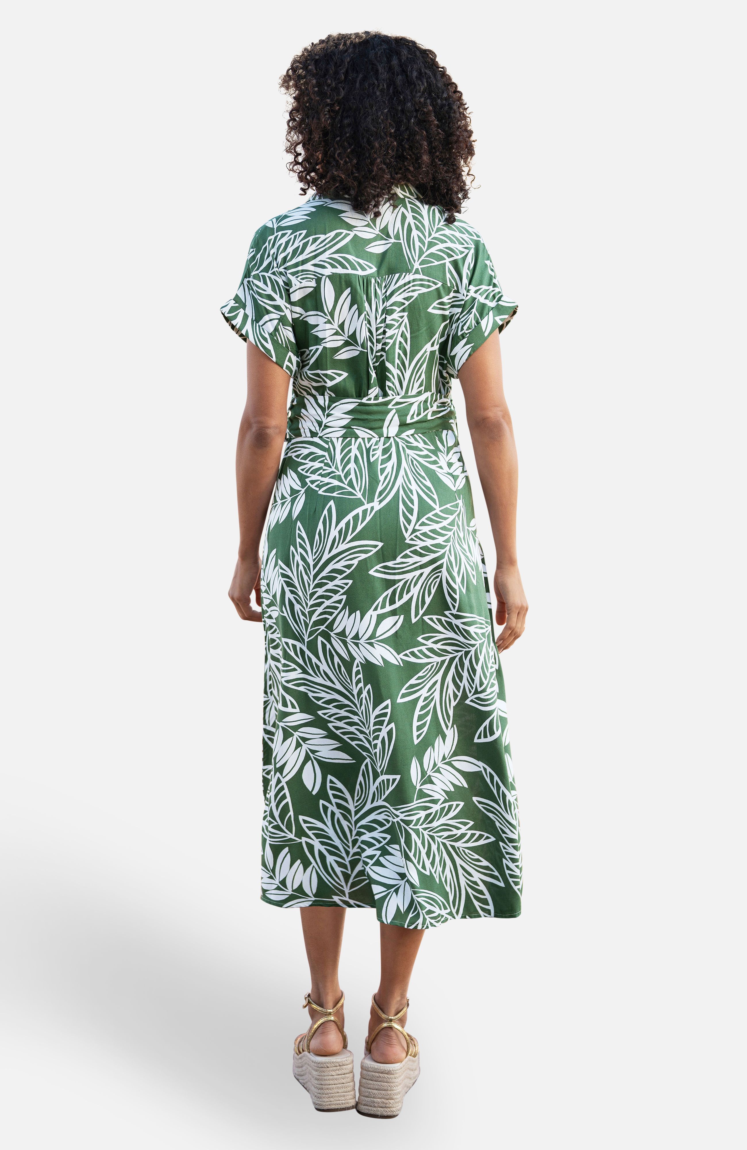 Yumi Green Leaf Print Viscose Relaxed Midi Shirt Dress