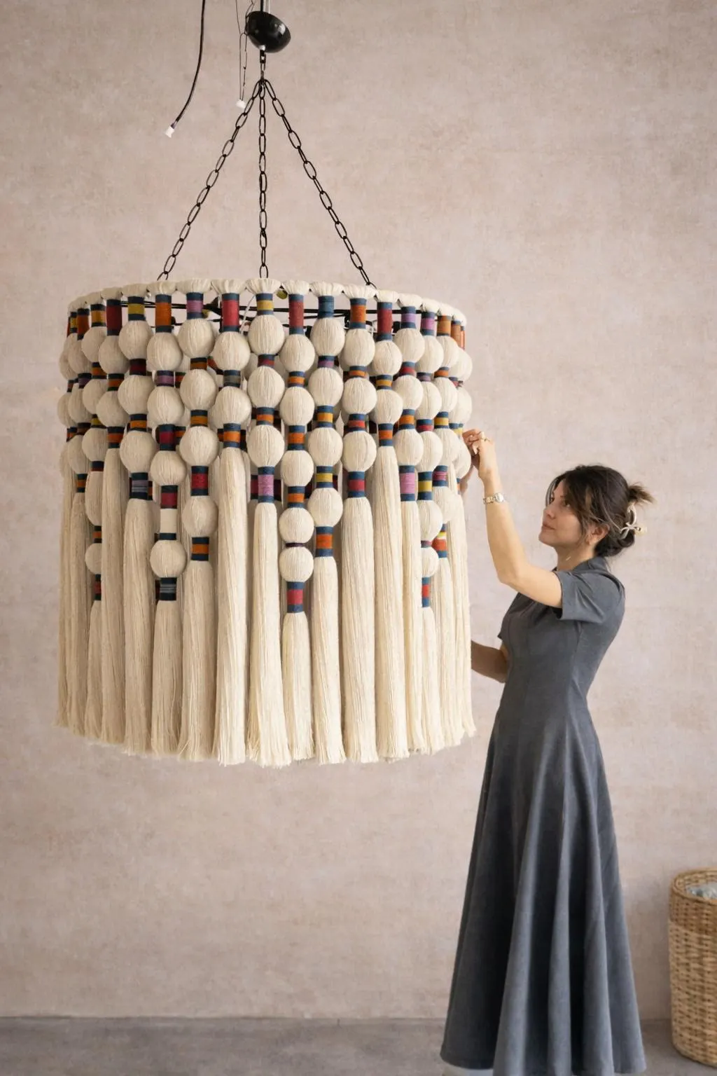 Staircase Chandelier for Stairwell, Beaded Cotton Tassel Ceiling Light, Boho Statement Lamp, Custom Sizes Available