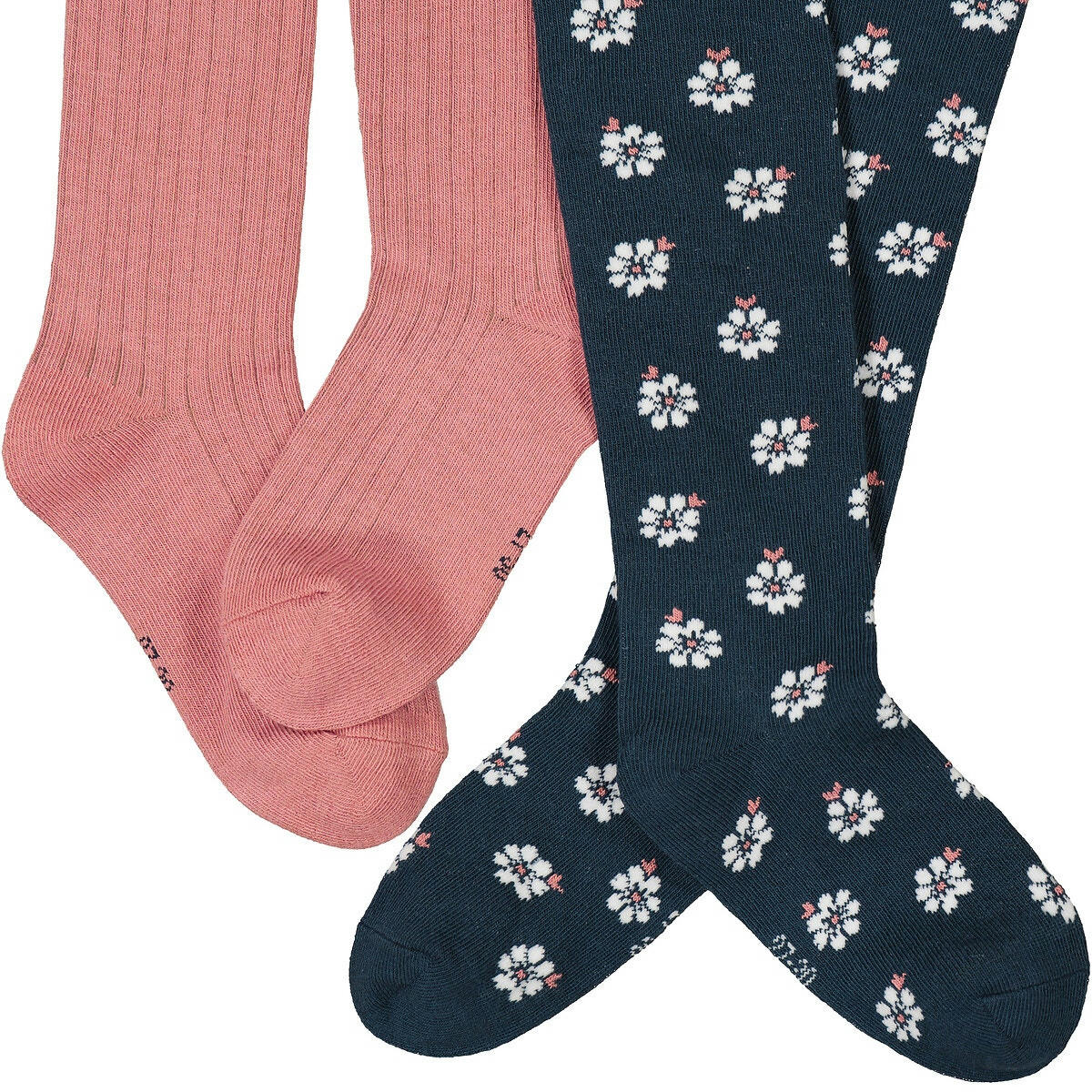 Lot de 2 collants côtelés, 1 uni et 1 fleuri
