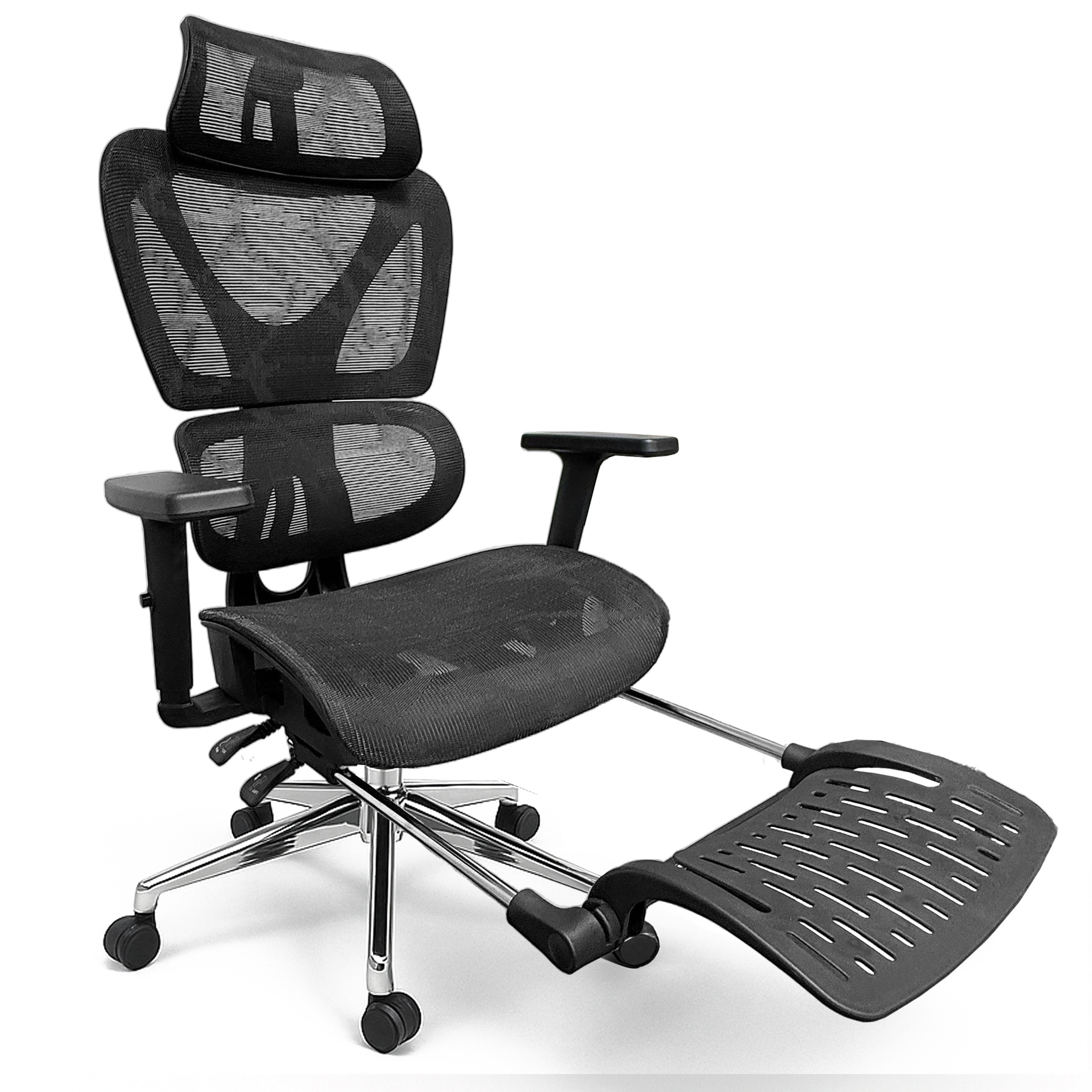 Fotel biurowy ergonomiczny krzesło zagłówek regulacja podnóżek KB106 czarny