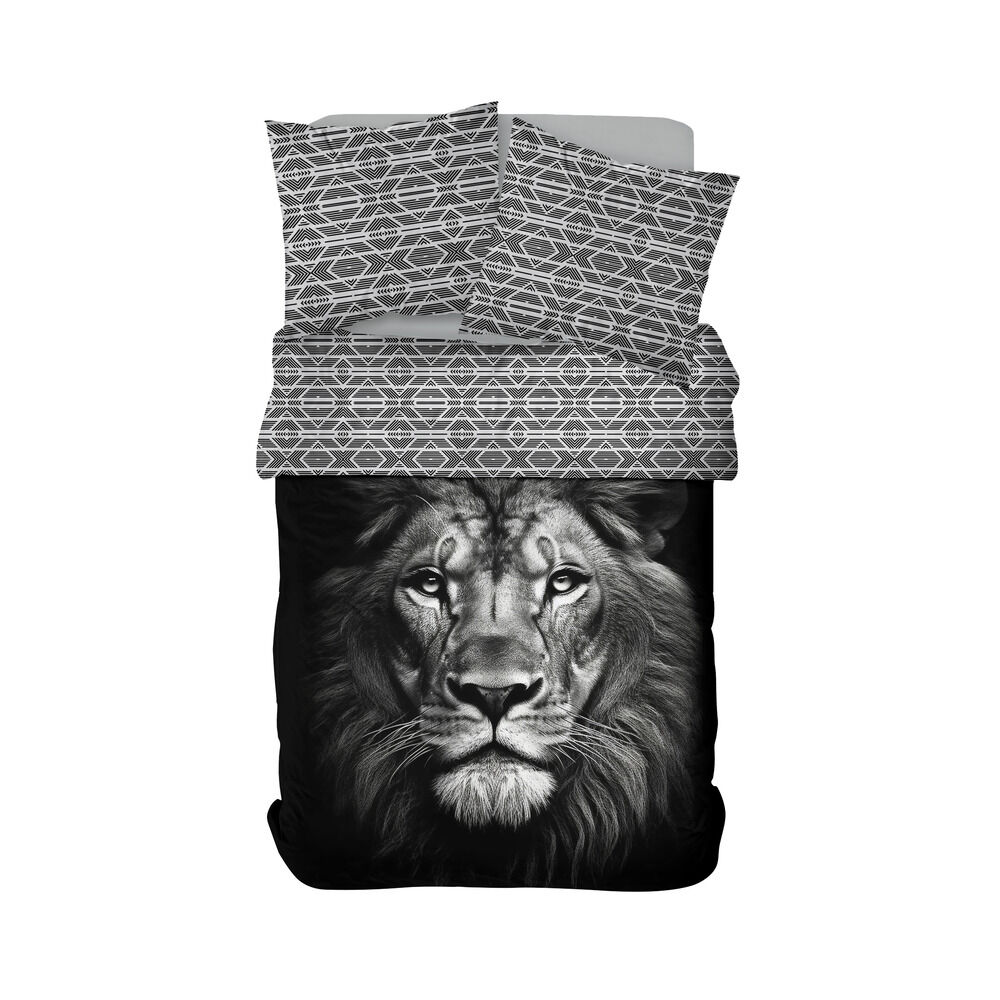 Parure de lit 2 personnes 240x220cm coton motif lion noir et blanc