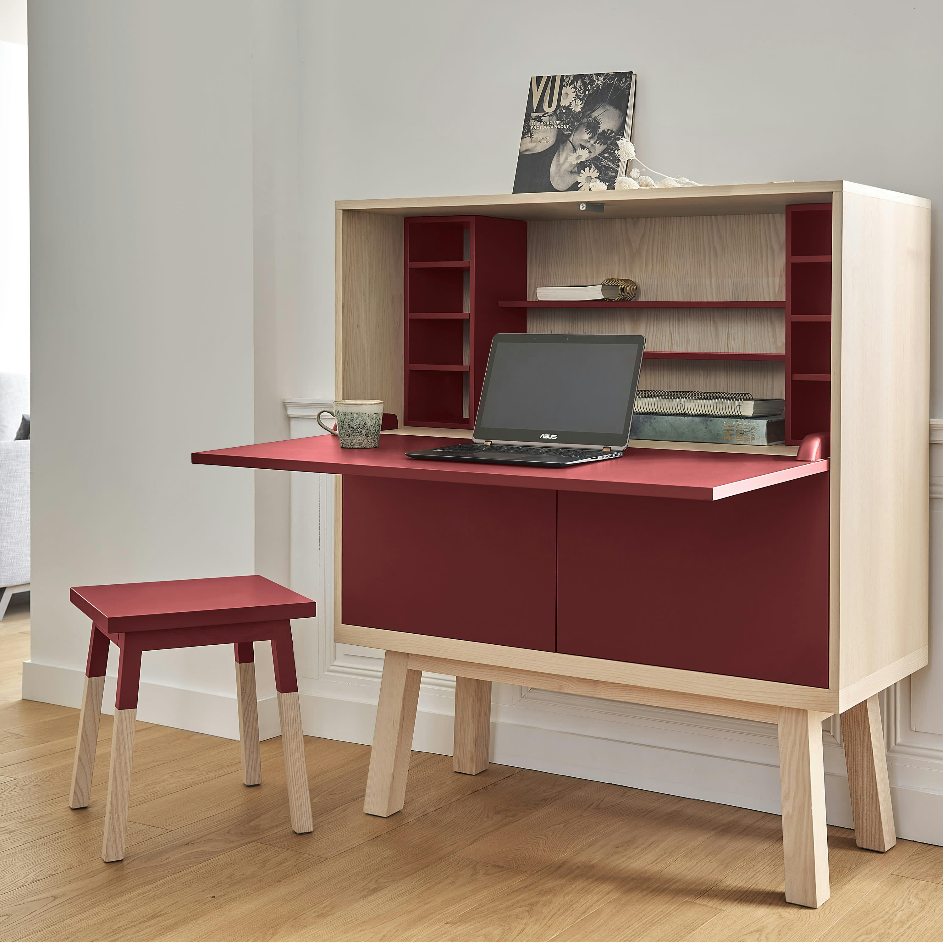 KUBE - Bureau secrétaire avec rangement, 120 cm de large, en frêne
