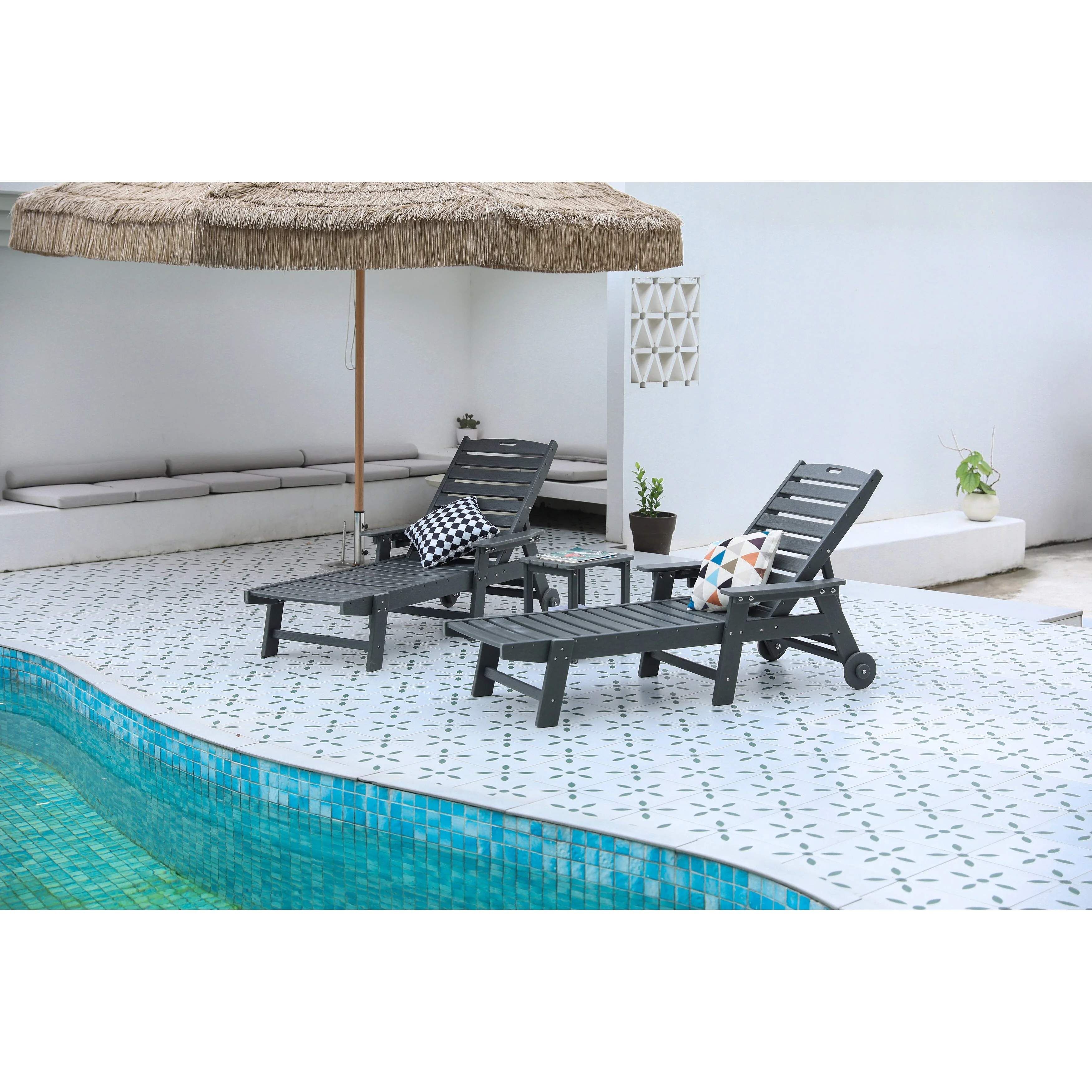 3-Piece White Wood Texture Oversized Chaise Lounge Chair Set w/ Side Table, All Weather Patio Lounge Chair