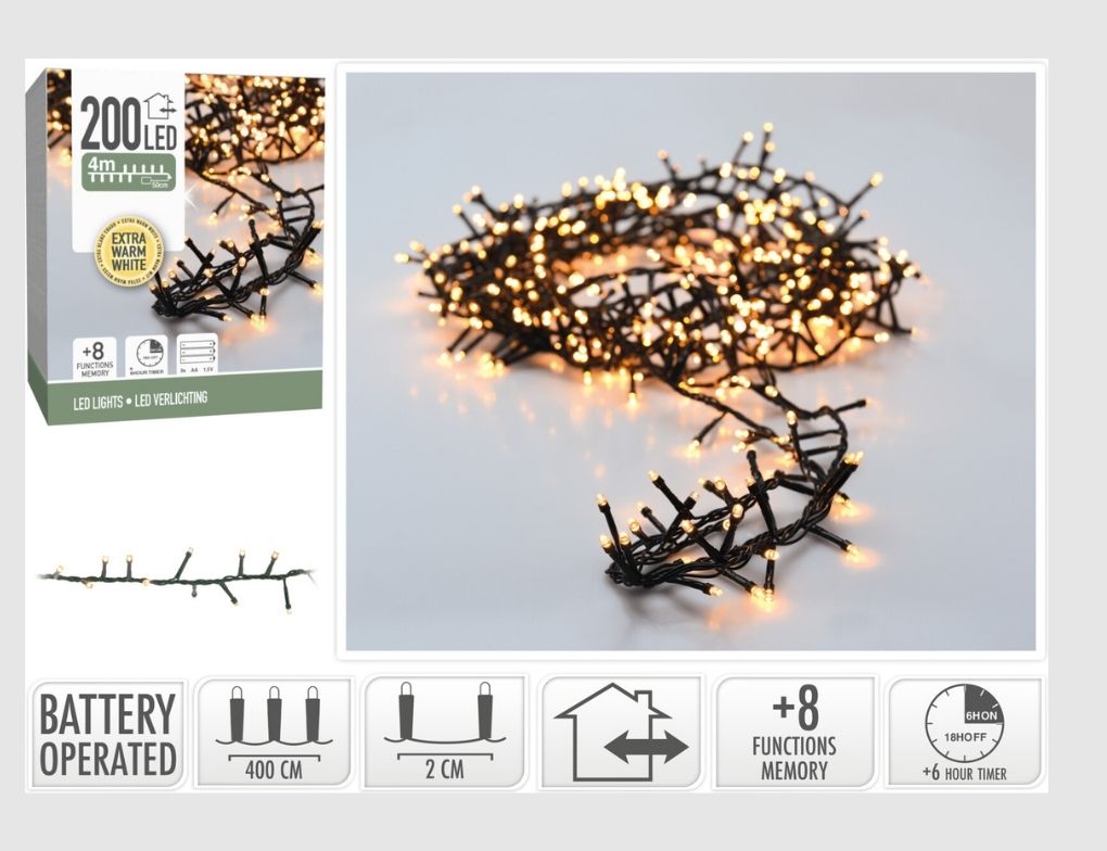 LED-Micro-Cluster-Lichterkette 200 LEDs extra warmweiß 4m mit Timer