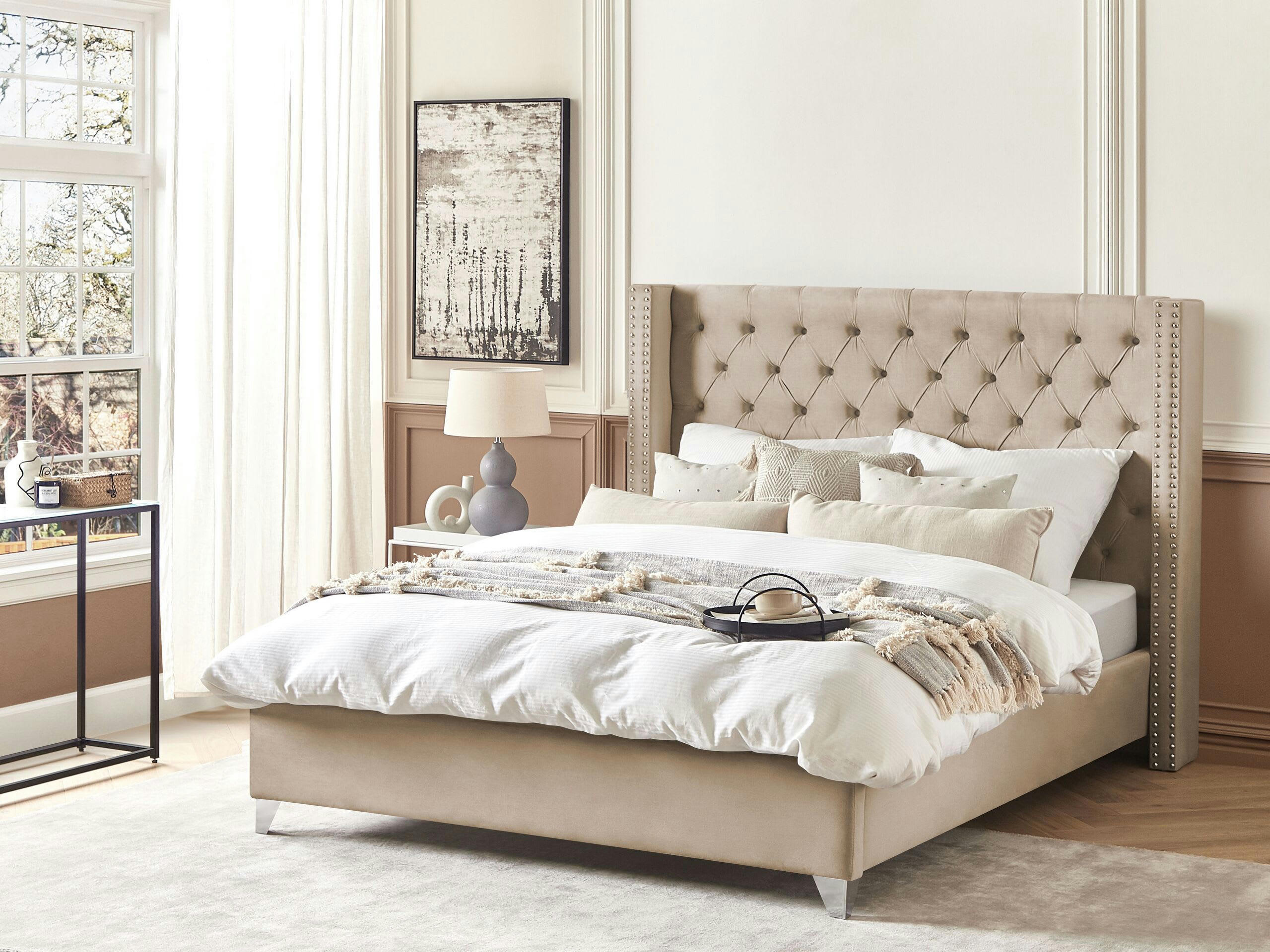 LUBBON - Lit double en tissu beige 180x200