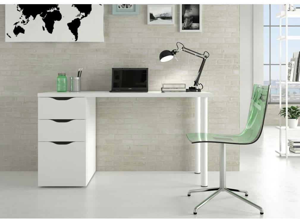 RUDY - Bureau blanc réversible avec rangements L138 cm x P60cm