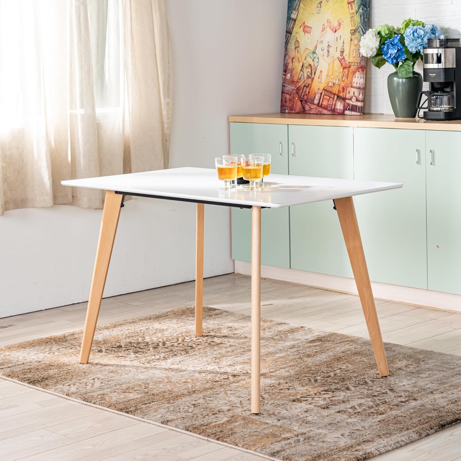 FurnitureR 47-Inch Dining Table for 4-6 People, Modern Rectangular Table with Solid Wood Legs, Multi-Purpose Space-Saving for Kitchen, Dining, Small Places, White