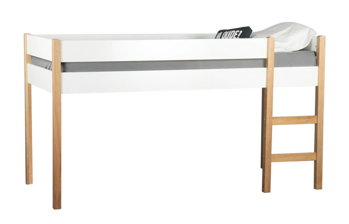 ANNA - Lit mezzanine enfant  mi-hauteur blanc effet bois 90x200