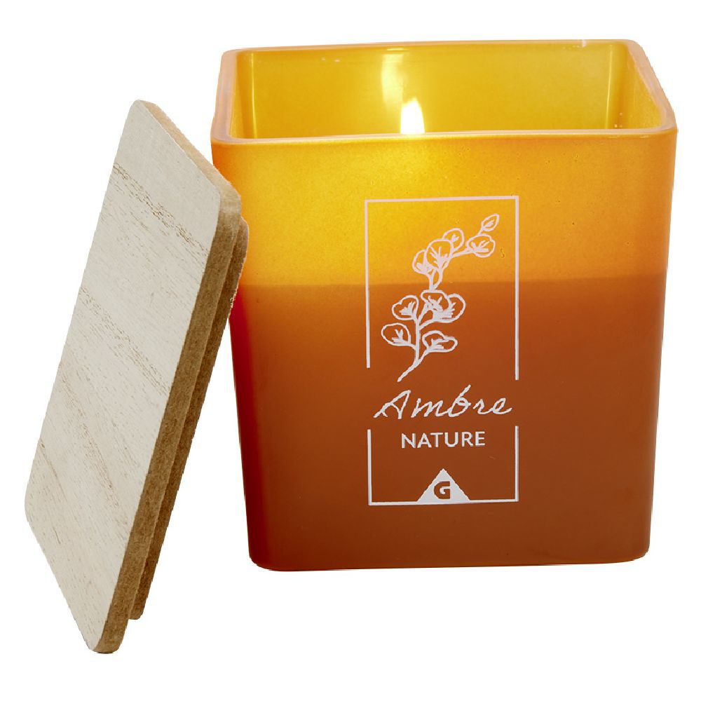 Bougie dans pot carré avec couvercle bois senteur ambre