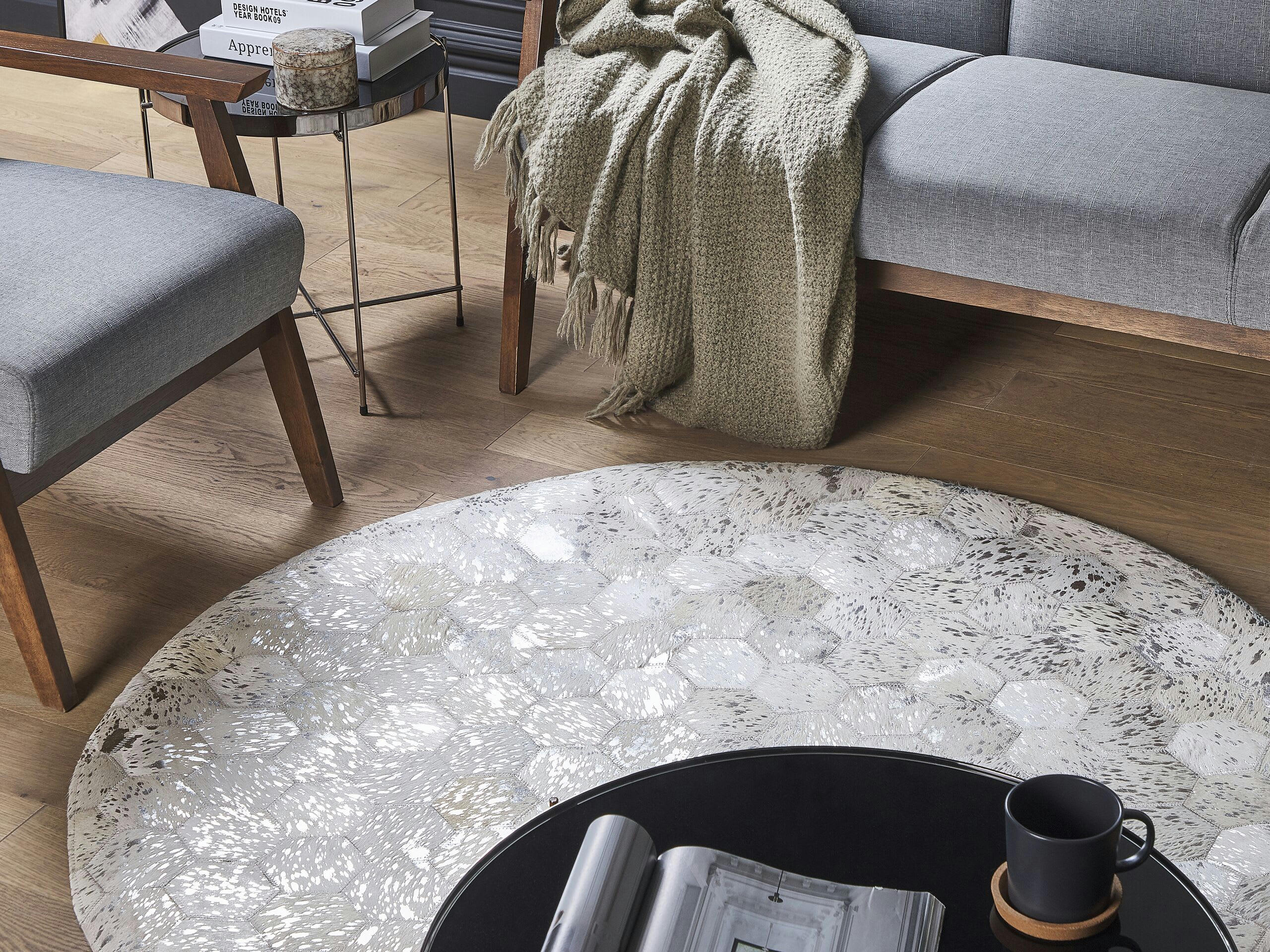 BOZKOY - Tapis patchwork en cuir argenté et beige rond D140cm