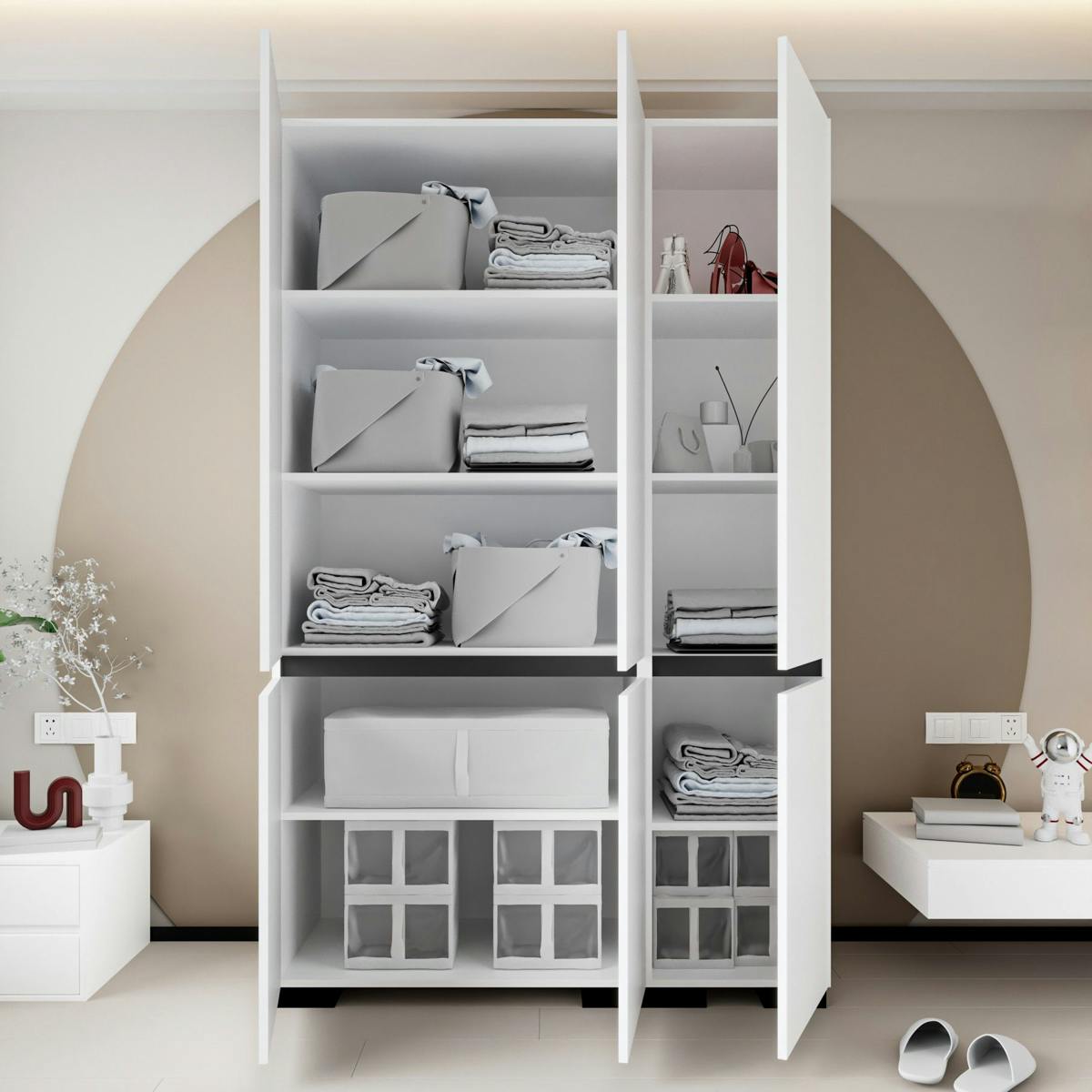 Armoire blanche 3 portes détail gris 10 étagères BYRON