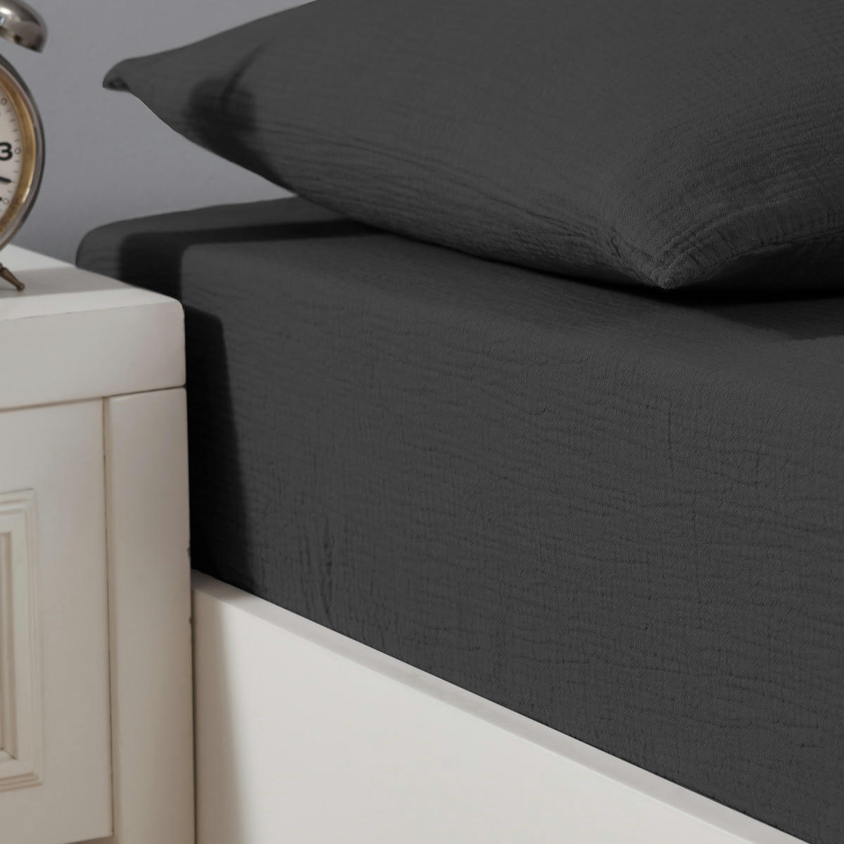 LOFT - Drap housse en gaze de coton bonnet 30 cm  carbone 140x200 cm