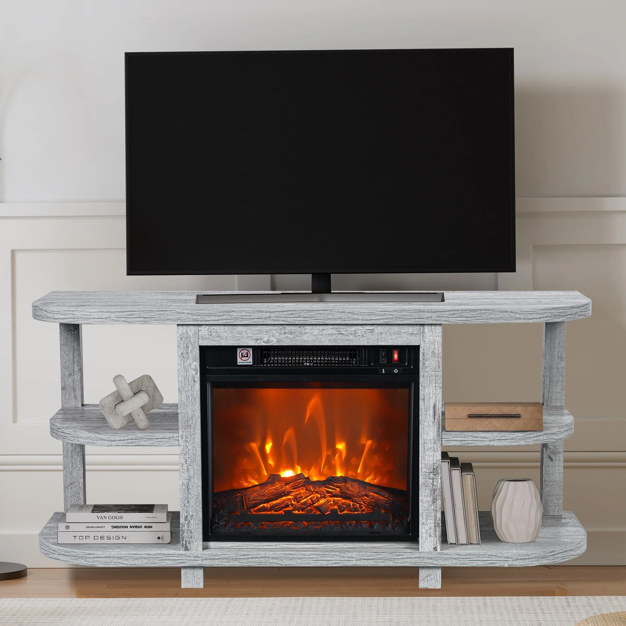 48 Modern Light Gray Fireplace TV Stands Console Table with Open Storage Shelves