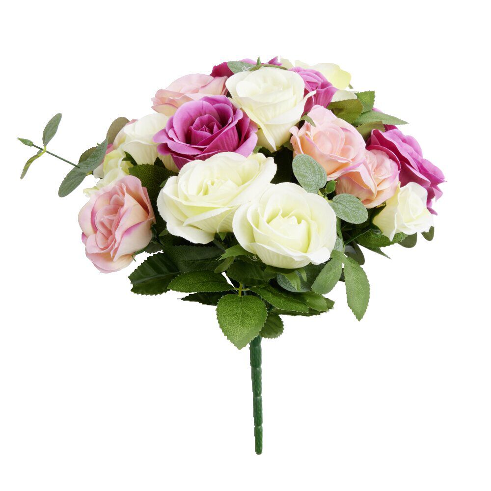 Bouquet fleurs artificielles eucalyptus et roses 24 têtes H33cm
