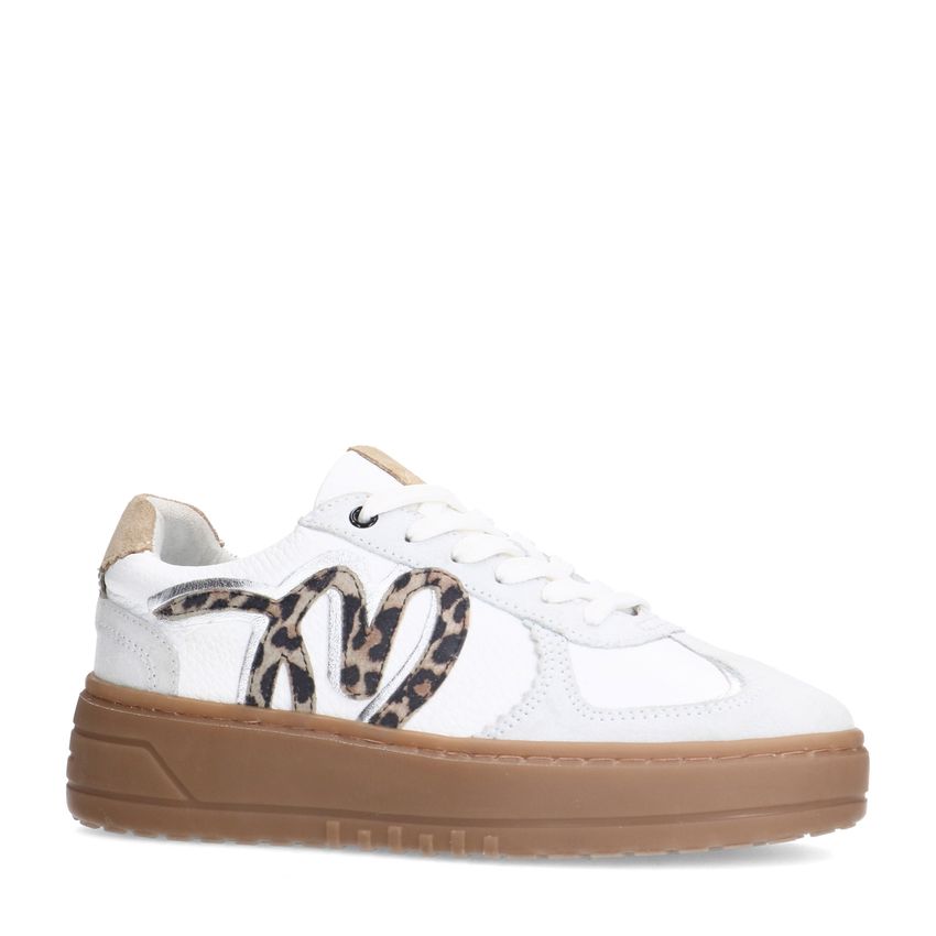 Manfield Witte leren sneakers met leopard details