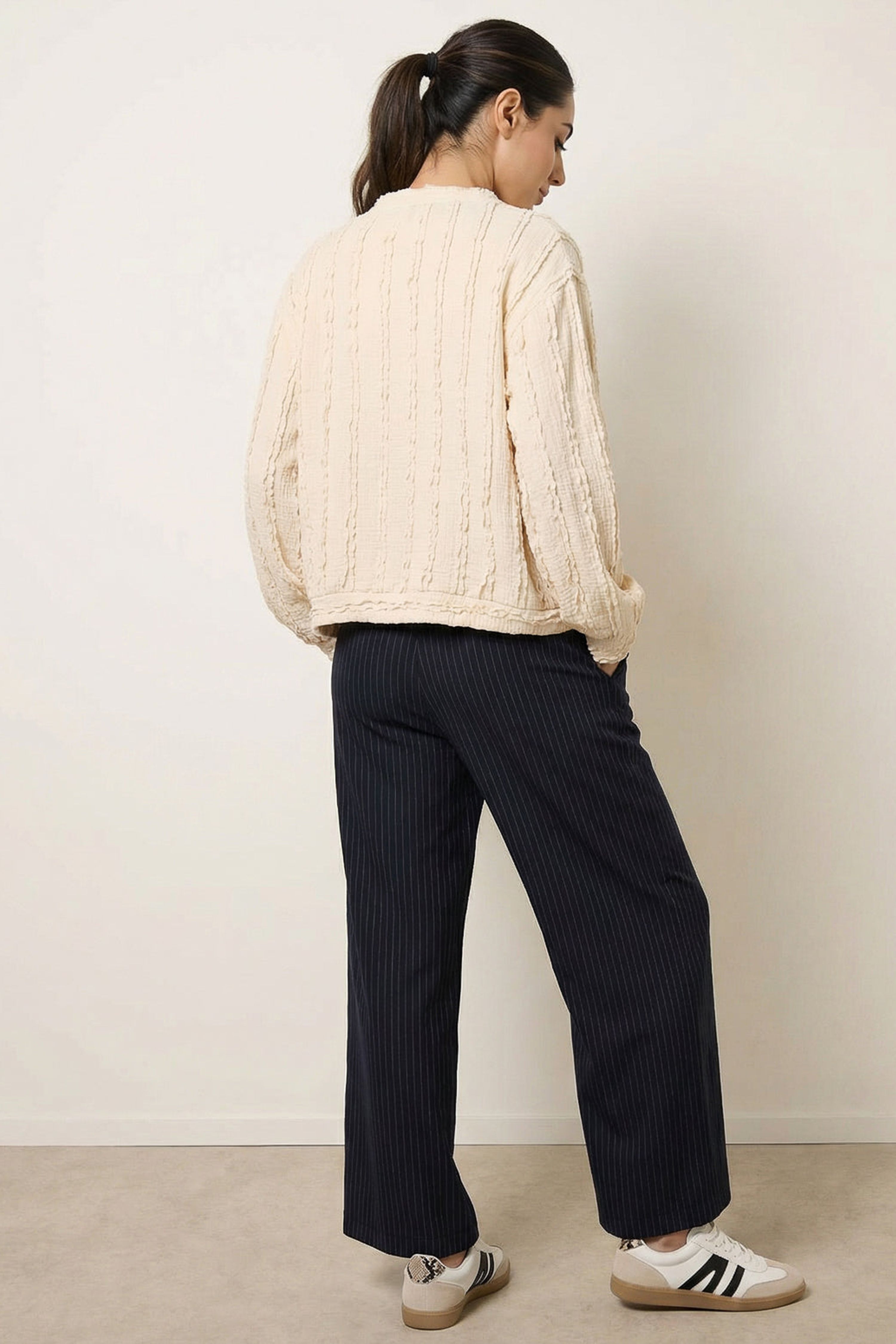Blue Vanilla Beige Ruffle Detailed Sleeve Top