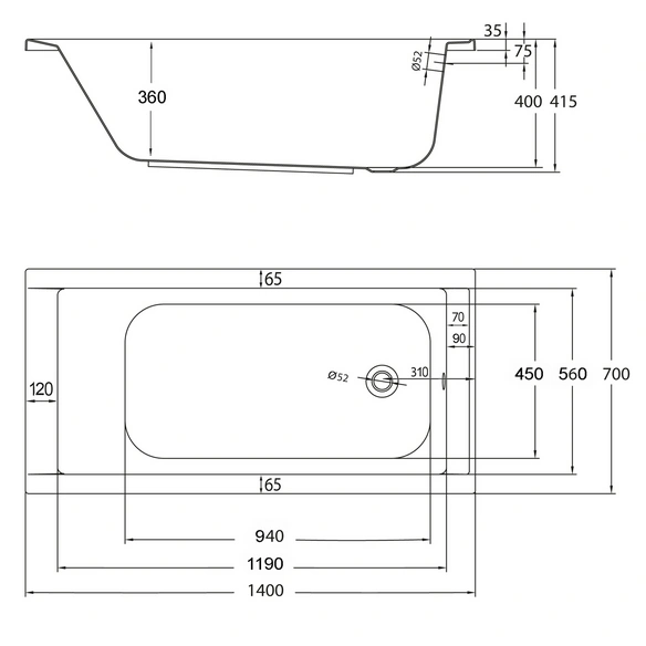 Badewanne »Costa«, BxHxL: 70 x 40 x 140 cm, rechteckig