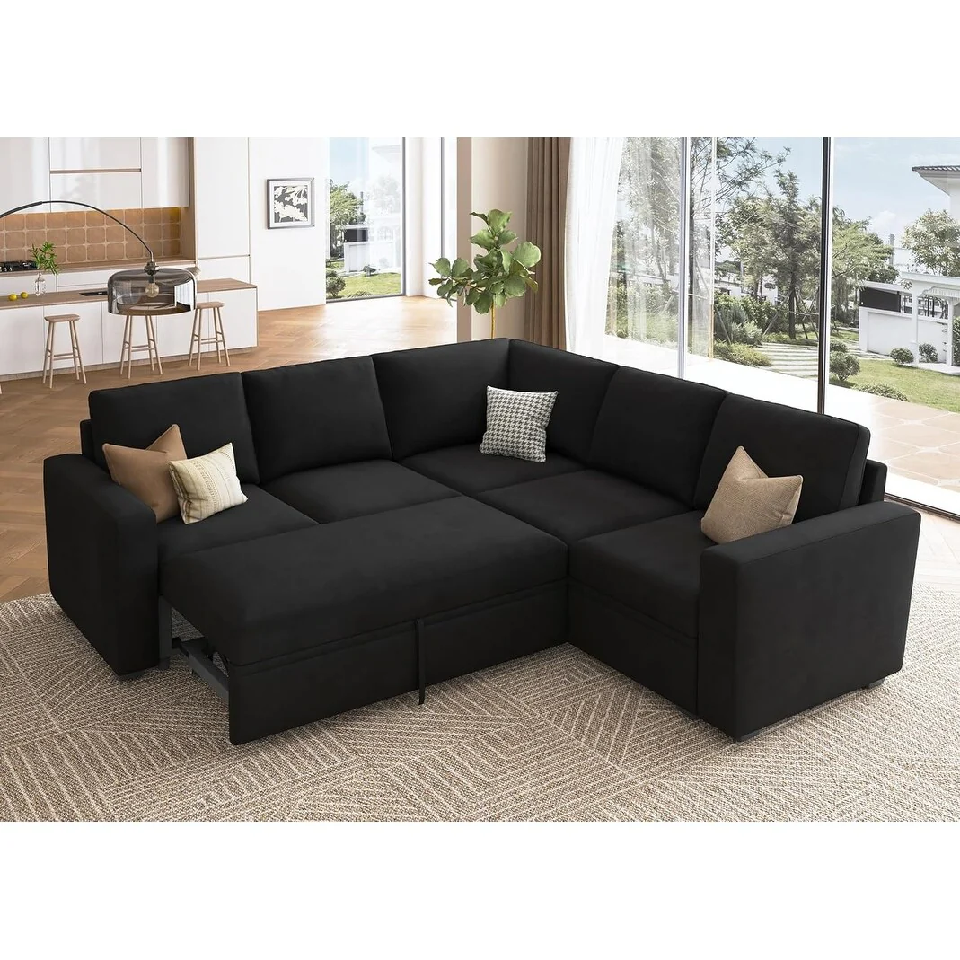 L-Shaped Modular Sleeper Sofa with Pull-Out Bed & Storage Seat - Convertible Sectional Couch for Living Room