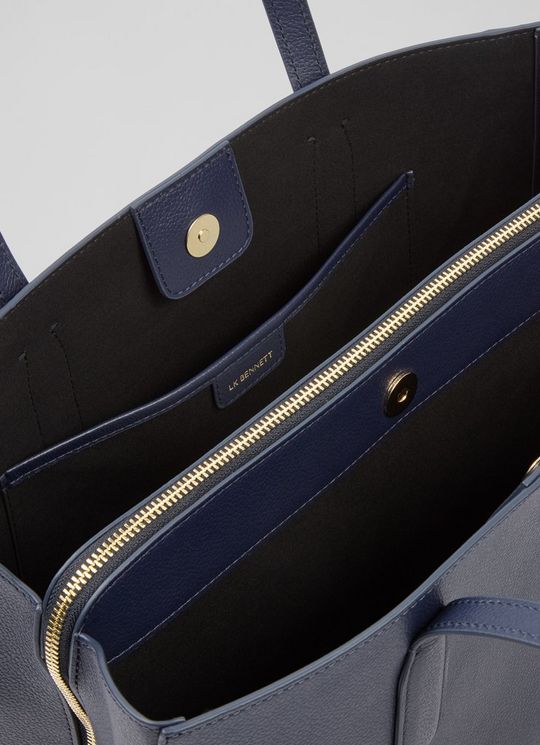 Olivia Navy Grained Leather Oloid Tote Bag