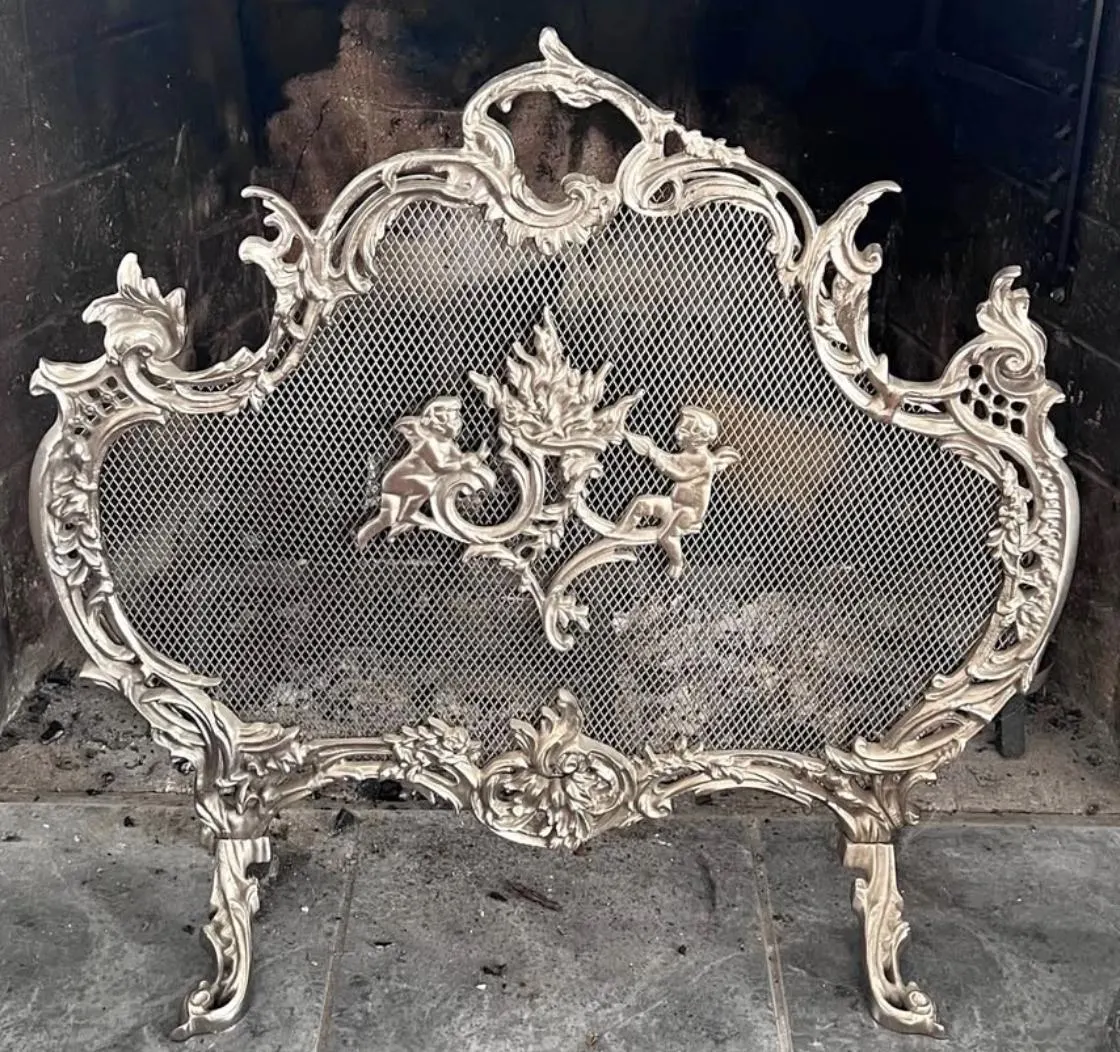 Antique French Gilded Brass Fireplace Screen, Cherubs, Rococo Baroque Decor