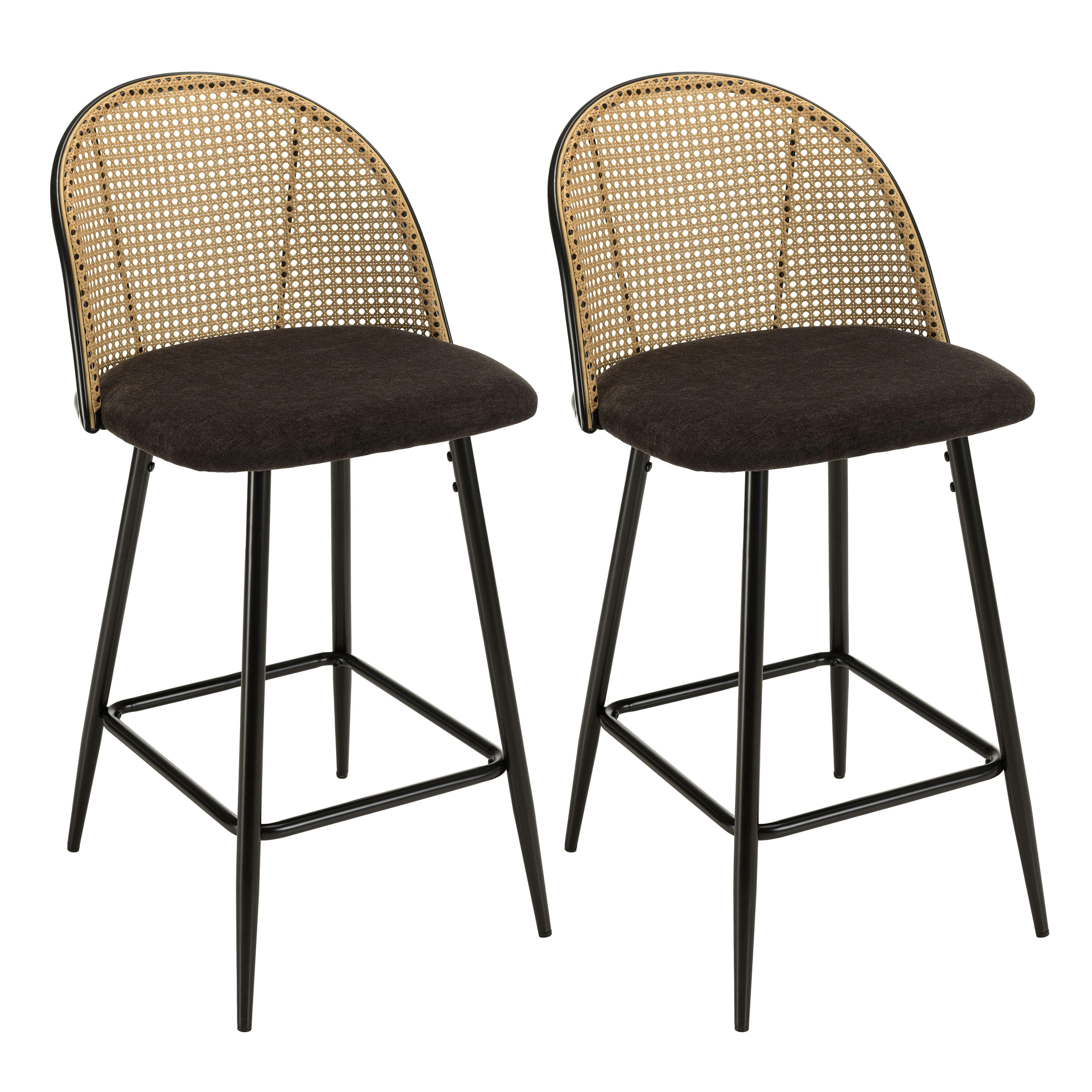 Lot de 2 tabourets d'ilot assise tissu noir dossier effet cannage TIM
