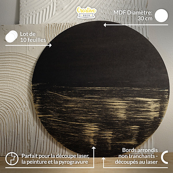 Creative Deco 10 x Panneau MDF Rond Diamètre 30 cm - Planche Bois Brut - Idéal Bricolage, Découpe Laser, Gravure, Pyrogravure