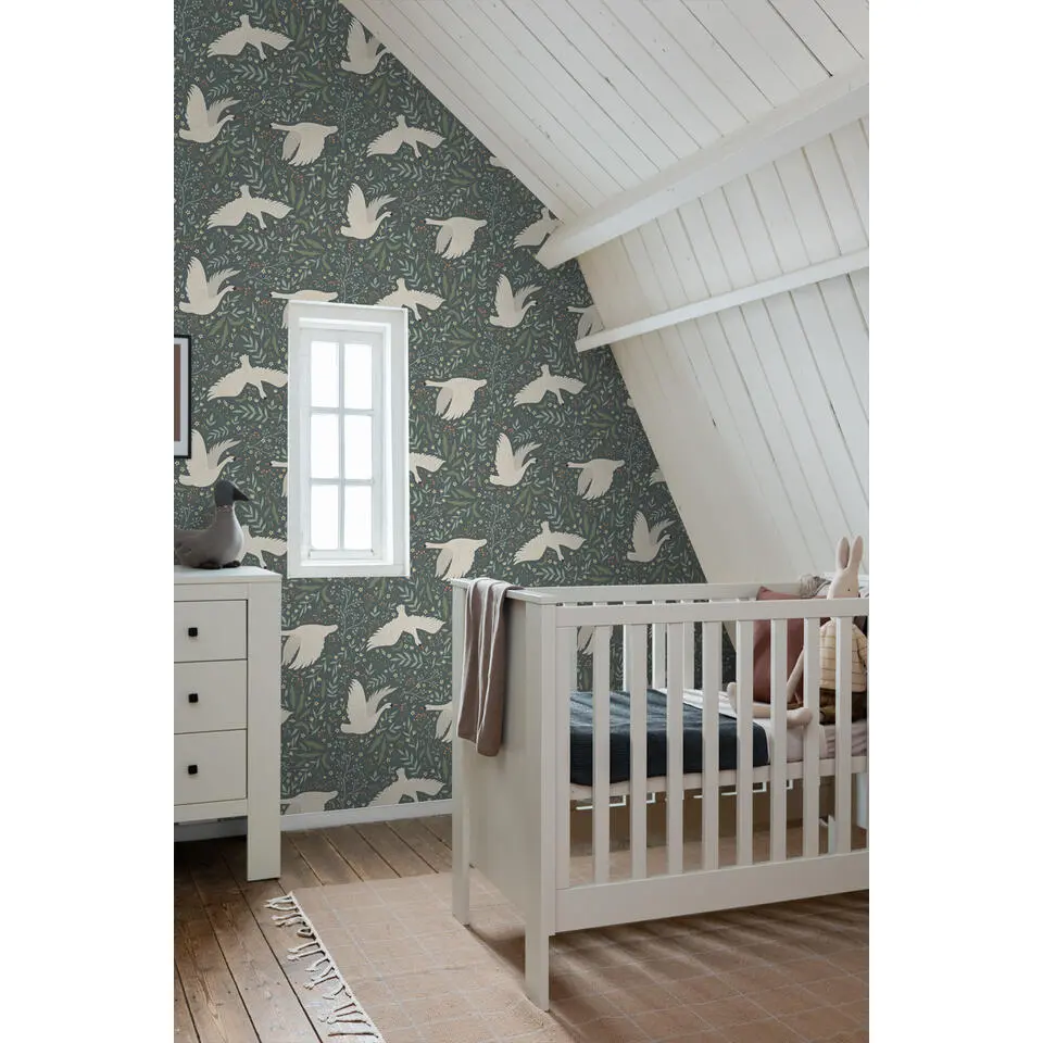 ESTAhome behang zwanen vergrijsd blauw en wit - 53 cm x 10.05 m