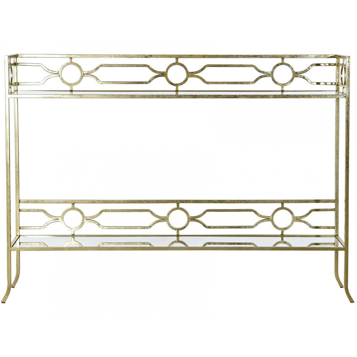 OR - Console étagère en métal doré et 2 plateaux miroirs 127x23x90cm