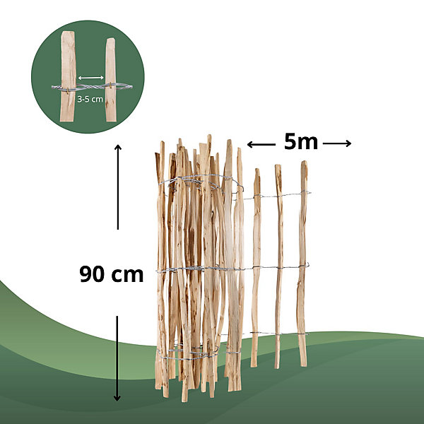 Creative Home Clôture en Bois de Noisetier - 90 cm x 5 m - Clôture en Rouleau avec Espacement de 3-5 cm - Bordure de Jardin