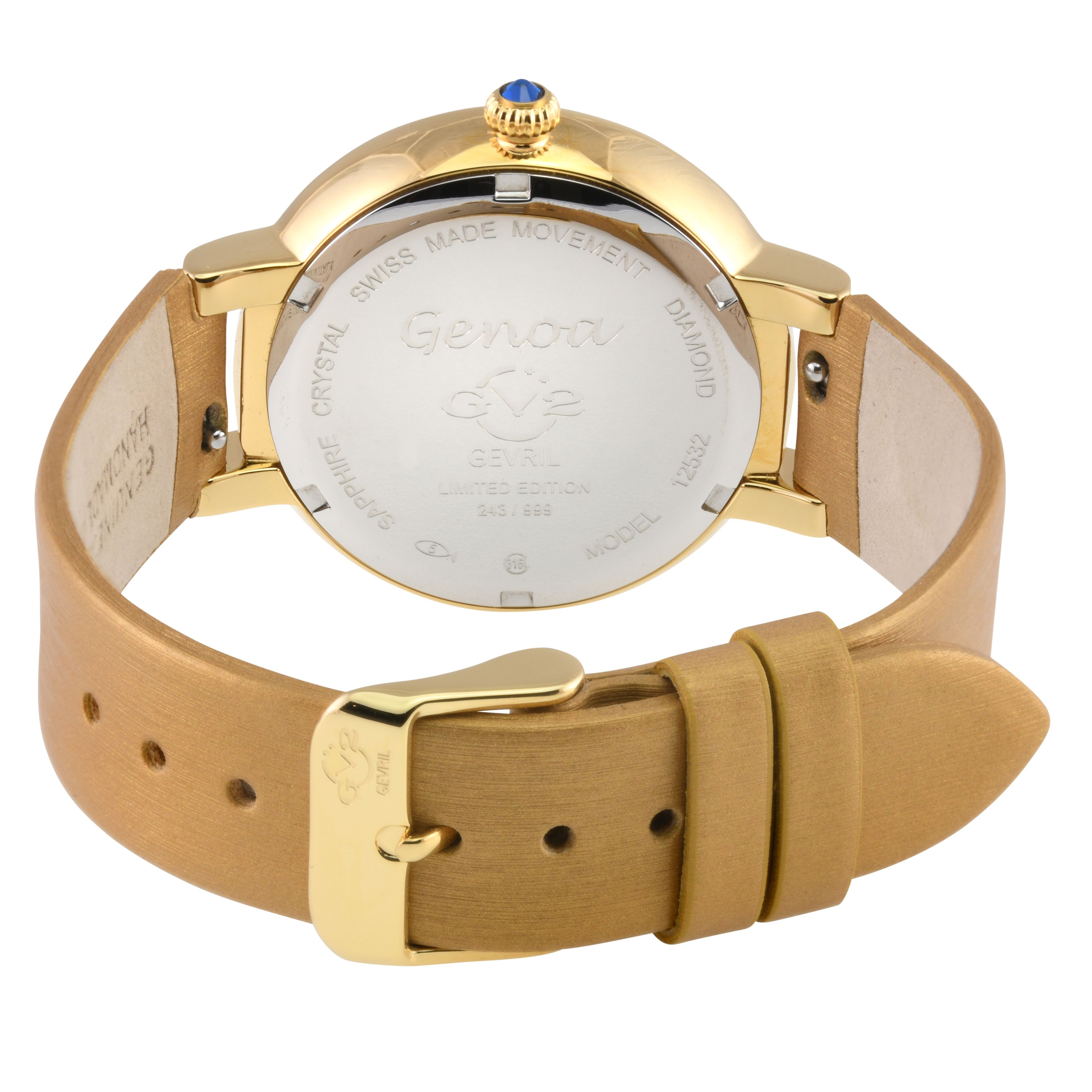 GV2 Genoa, Swiss Quartz Watch, MOP White Dial, Genuine Hand Made Italian Leather, and Sapphire Crystal