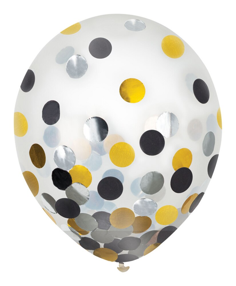 Round Transparent Confetti Latex Balloons, Black/Gold, 12-in, 6-pk, for Birthday Party